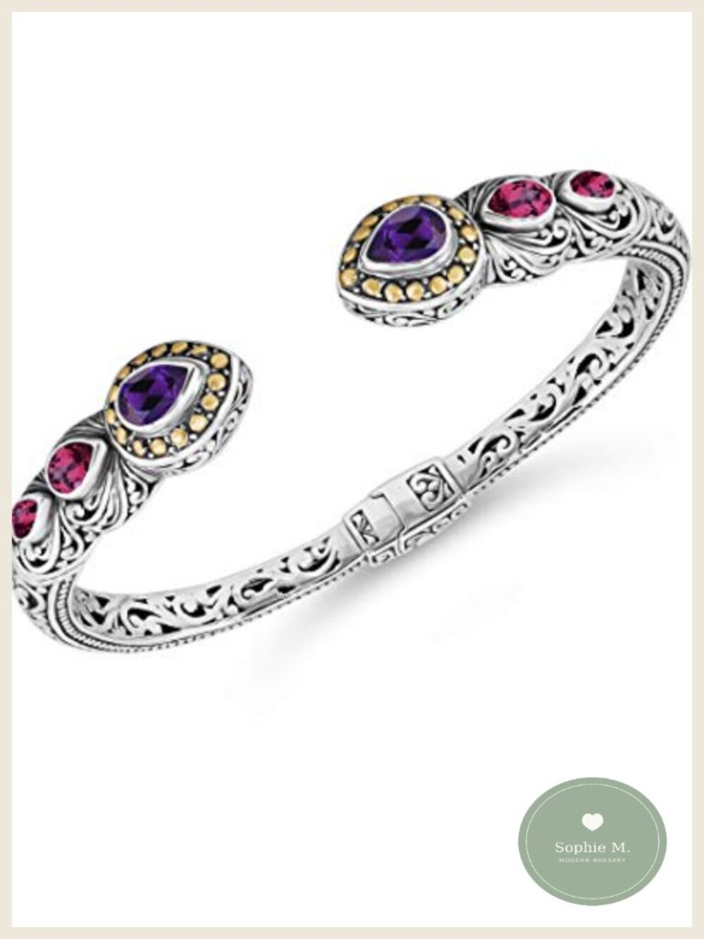 Sterling Silver 925 & 18K Gold Bali Filigree Cuff Bracelet with Gemstones